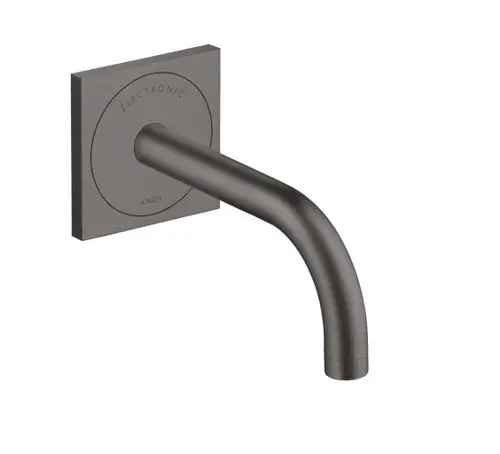 Wandlauslauf aus gebürstetem Schwarzchrom von AXOR mit quadratischer Montageplatte und einem gebogenen Wasserlauf in schlichtem Design.
